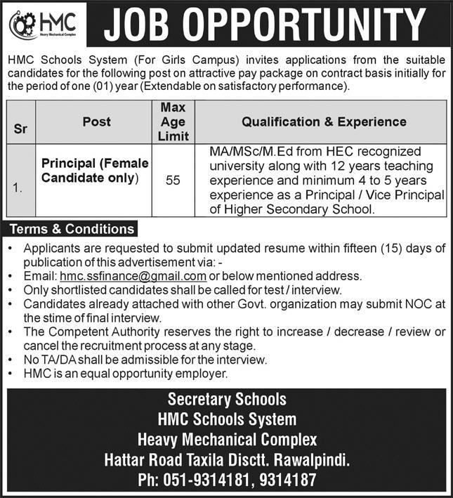 Principal Jobs 2025 in HMC Schools System Rawalpindi