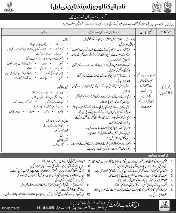 NADRA Technologies Limited NTL Business Executive Jobs 2025
