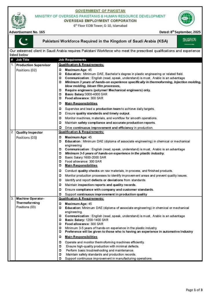 OEC Jobs Advertisement 2025 for Pakistani Workforce