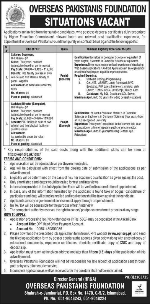 Overseas Pakistanis Foundation OPF Jobs 2025