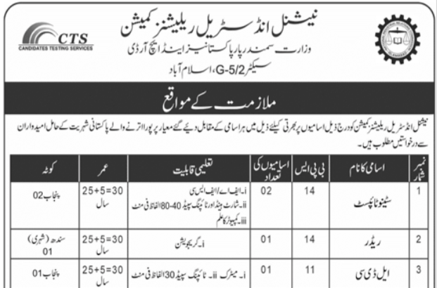 National Industrial Relations Commission Islamabad Jobs 2025 BS-01 TO BS-14
