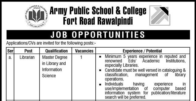 Army Public School & College APS&C Jobs 2025 Latest Advertisement
