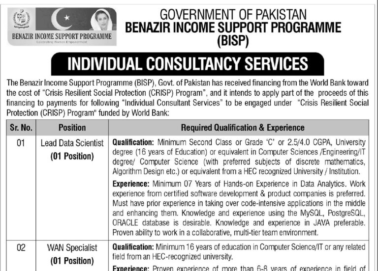 BISP Islamabad Jobs 2025 Benazir Income Support Programme