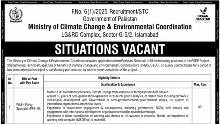 Ministry Of Climate Change Islamabad Jobs Advertisement 2025 Free Online Apply