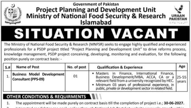Ministry of National Food Security & Research MNFSR Islamabad Jobs 2025 Apply Online