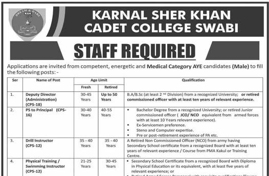 Karnal Sher Khan Cadet College Jobs 2025 Latest Advertisement
