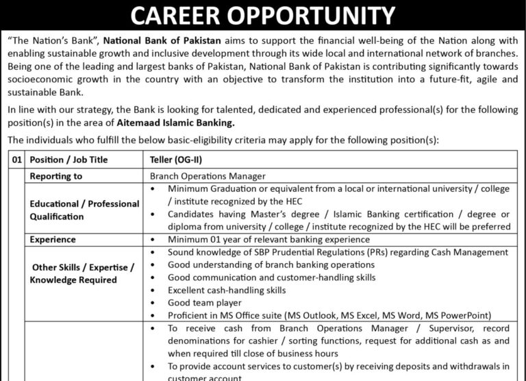 National Bank of Pakistan NBP Latest Jobs 2025 Advertisement Teller OG-II