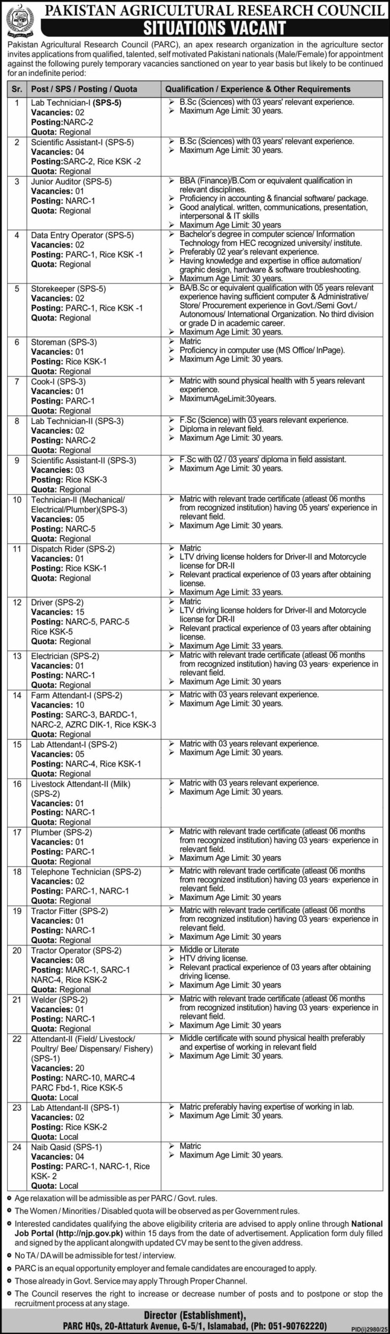 Pakistan Agricultural Research Council PARC Jobs 2025 Free Online Apply