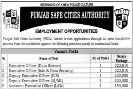  Punjab Safe Cities Authority PSCA Latest Jobs 2025 Advertisement Apply Online