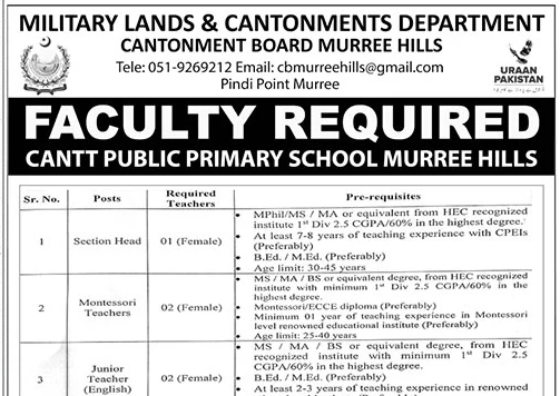 Cantt Public Primary School Teaching Staff Jobs 2025 Online Apply