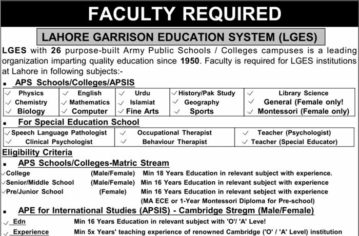 LGES Lahore Teaching Jobs 2025 Lahore Garrison Education System