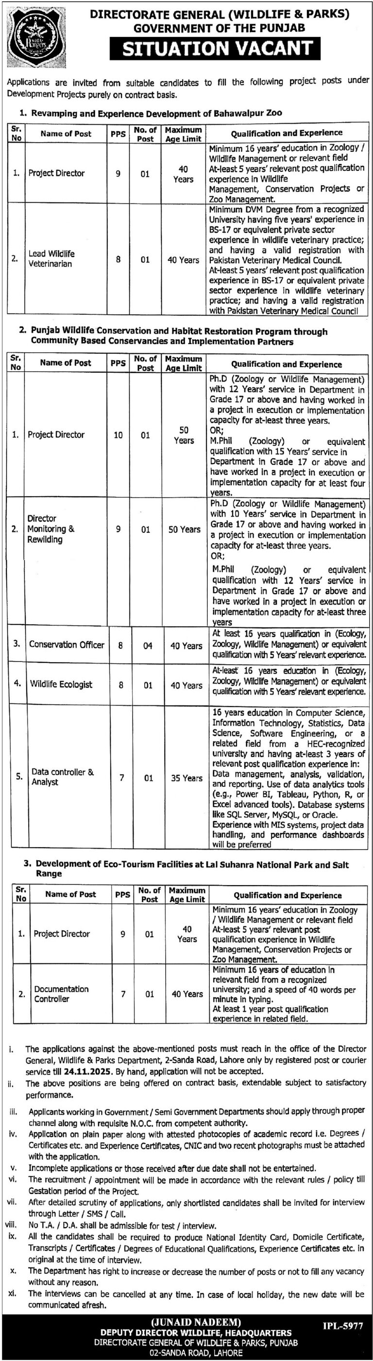Wildlife & Parks Department Lahore Jobs 2025 Latest Advertisement