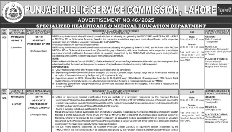 Punjab Public Service Commission PPSC Lahore Jobs 2025 Advertisement