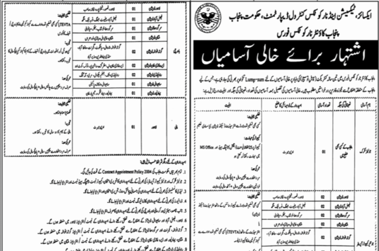 Excise Taxation & Narcotics Control Department Lahore Jobs 2025 Advertisement