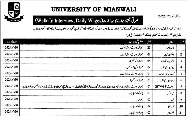 University Of Mianwali Jobs 2025 Latest Advertisement Notice