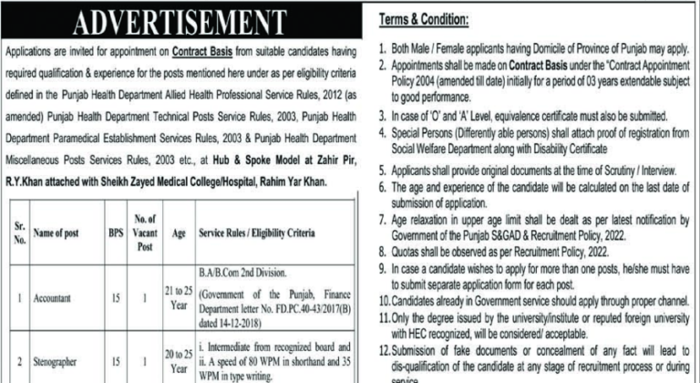 Sheikh Zayed Medical College Rahim Yar Khan Jobs 2026 Advertisement Notice