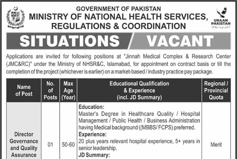Ministry of National Health Services Regulations & Coordination NHSRC Islamabad Jobs 2025