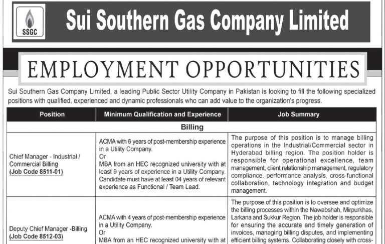 Sui Southern Gas Company Limited SSGC Jobs 2026 Advertisement