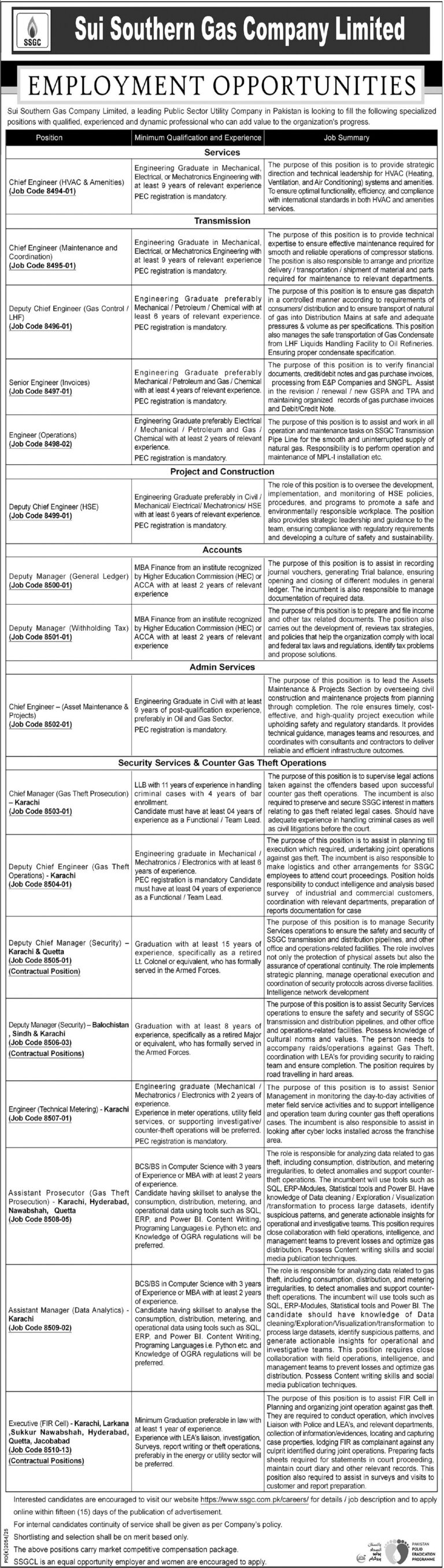 Sui Southern Gas Company Limited SSGC Jobs 2025 Advertisement