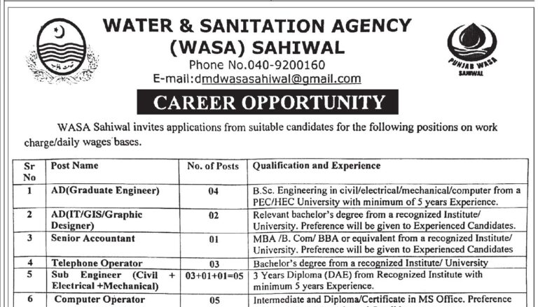 Water and Sanitation Agency WASA Sahiwal Jobs 2025 Advertisement