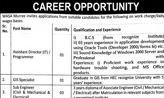 Water and Sanitation Agency WASA Murree Jobs 2025 Latest Advertisement