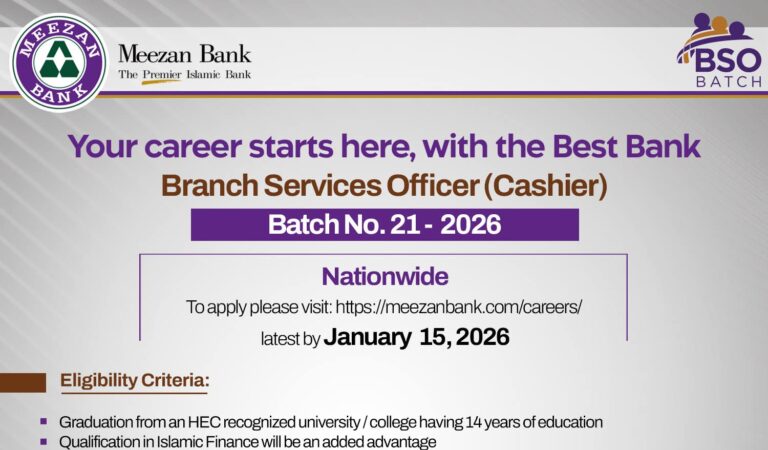 Meezan Bank Branch Service Officers (Cashier) Jobs 2026 Online Apply