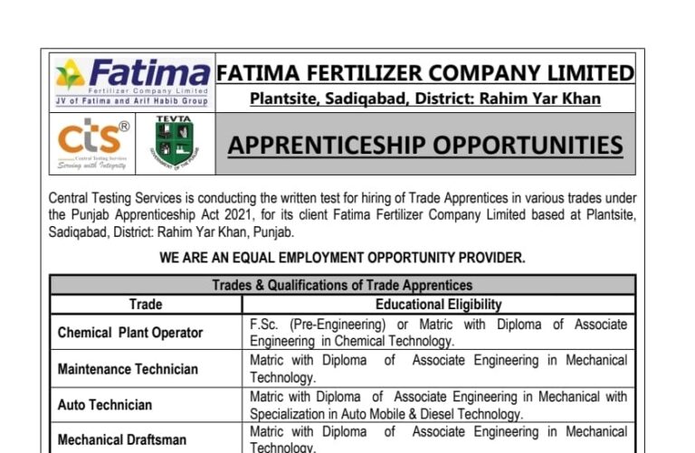 Fatima Fertilizer Company Limited FFCL Jobs 2026 Advertisement