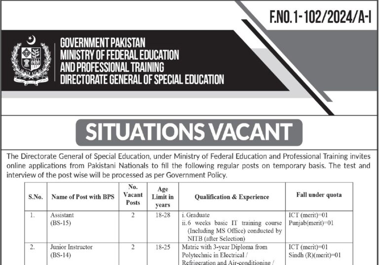 Ministry of Federal Education & Professional Training Islamabad Jobs 2026 Advertisement