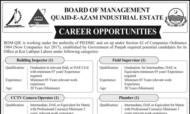 Quaid e Azam Industrial Estate Lahore Jobs 2026 Advertisement