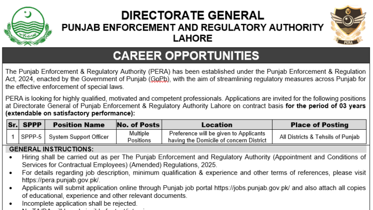 Punjab Enforcement and Regulatory Authority PERA System Support Officer Jobs 2026 Advertisement