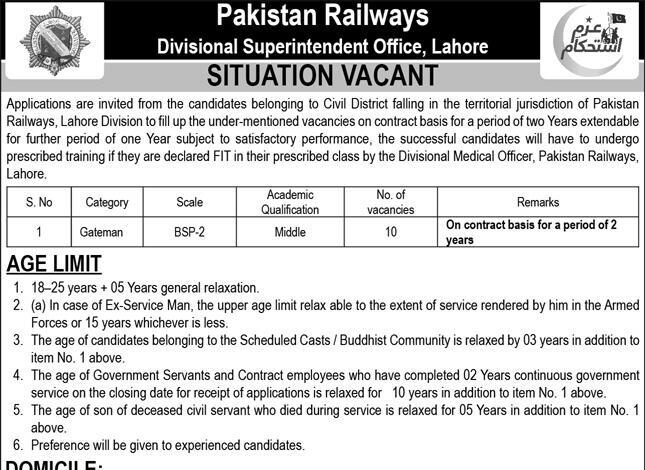 Pakistan Railways Lahore Gateman Jobs 2026 Advertisement