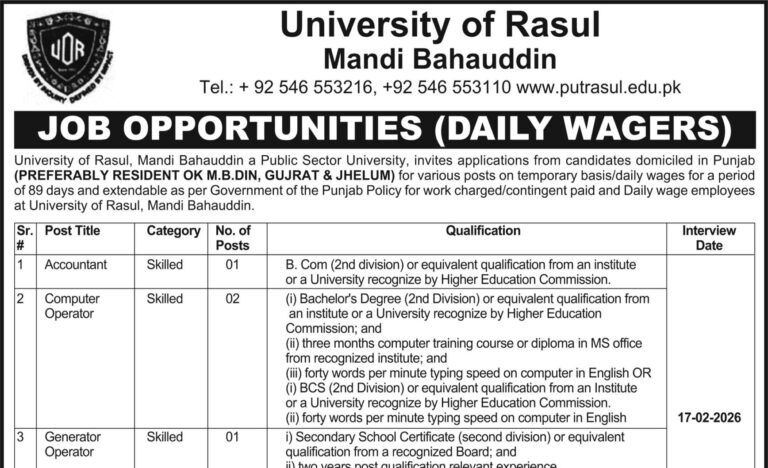 University Of Rasul Mandi Bahauddin Jobs 2026 Advertisement