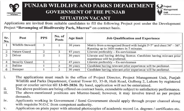 Punjab Wildlife & Parks Department Lahore Jobs 2026 Advertisement Notice