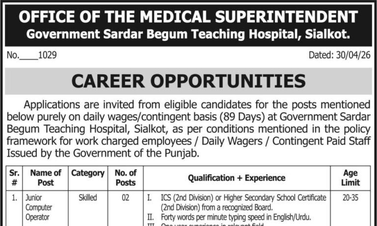 Govt Sardar Begum Teaching Hospital Sialkot Jobs 2026 Advertisement