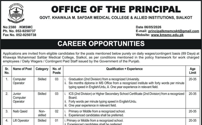 Govt Khawaja Muhammad Safdar Medical College Jobs 2026 Advertisement
