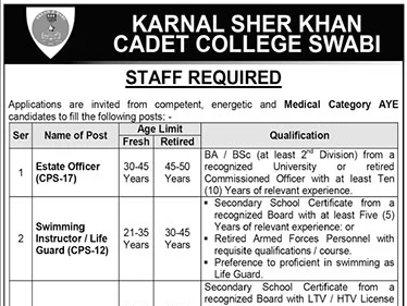 Karnal Sher Khan Cadet College Jobs 2026 Latest Advertisement