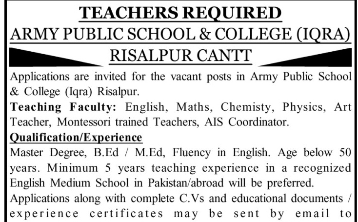 Army Public School & College APS&C Teaching Staff Jobs 2026 Advertisement