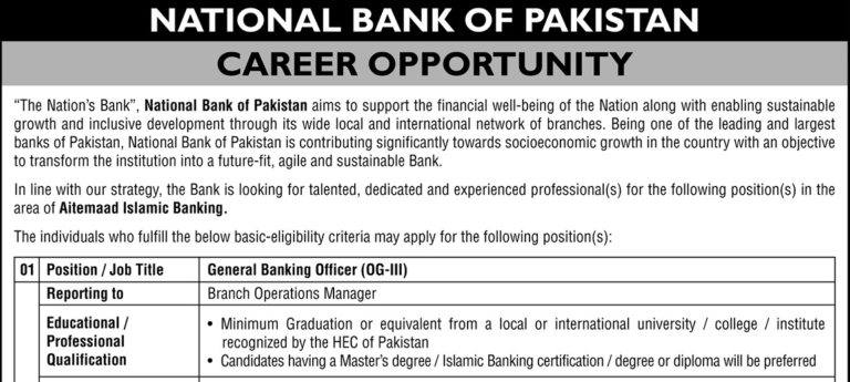 National Bank of Pakistan NBP General Banking Officer Jobs 2026 Online Apply