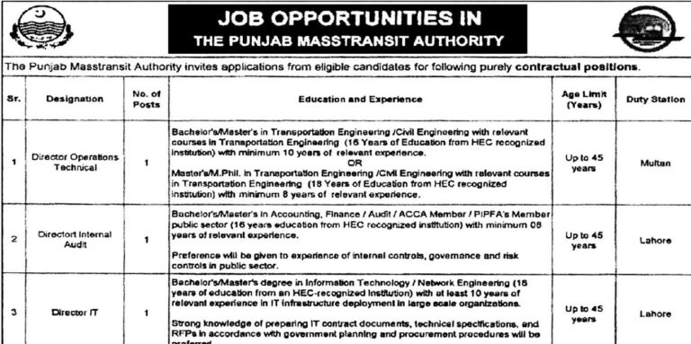 Punjab Masstransit Authority PMA Lahore Jobs 2026 Advertisement Online Apply