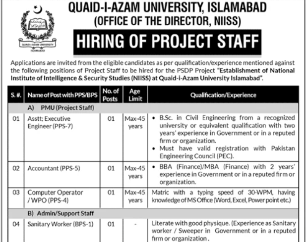 Quaid i Azam University Islamabad Jobs 2026 Advertisement Notice