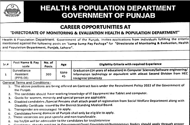 Health & Population Department Lahore Surveilance Assistant Jobs 2026 Online Apply