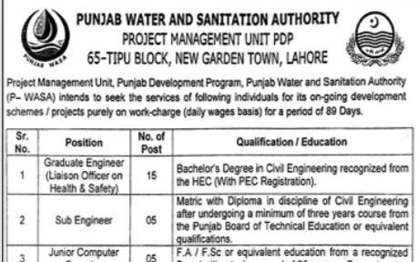 Punjab Water And Sanitation Authority Lahore Jobs 2026 Advertisement Notice