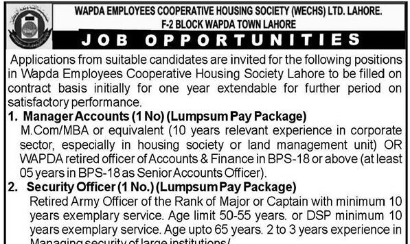 Wapda Employees Cooperative Housing Society Jobs 2026 Advertisement
