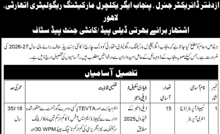Punjab Agricultural Marketing Regulatory Authority PAMRA Lahore Jobs 2026