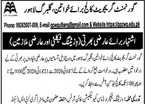 Government Graduate College For Women Lahore Jobs 2026 Advertisement Notice