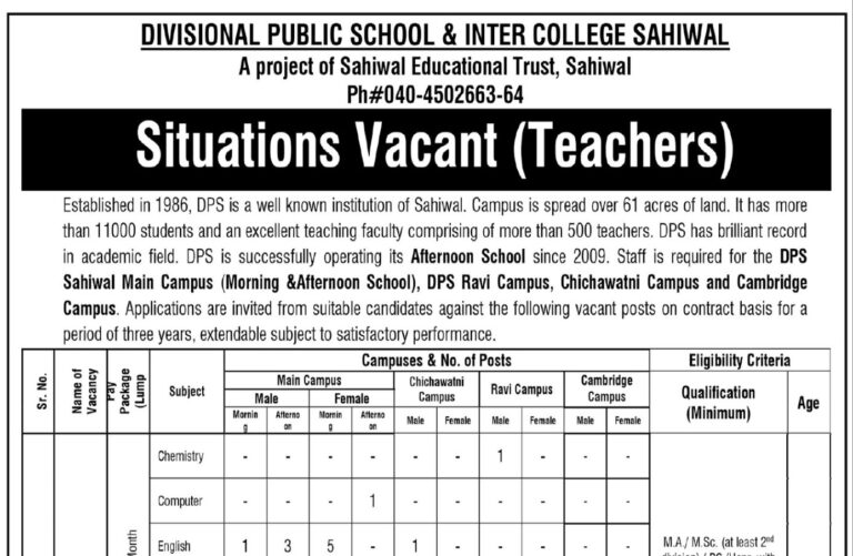 Divisional Public School & Inter College Teaching Staff Jobs 2026 Advertisement