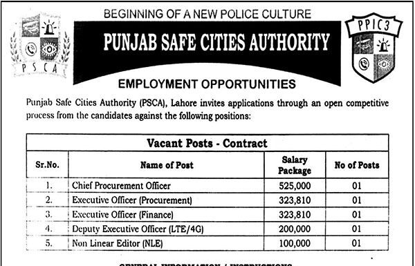 Punjab Safe Cities Authority PSCA Lahore Jobs 2026 Online Apply